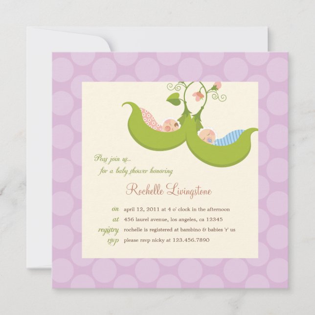 Ervilhas em um convite para Chá de fraldas de gême (Frente)