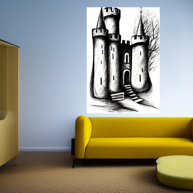 Esboço branco e preto do castelo | AI Art Poster (Criador carregado)
