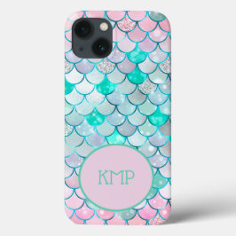 Escamas de sereia com brilho rosa e verde Monogram