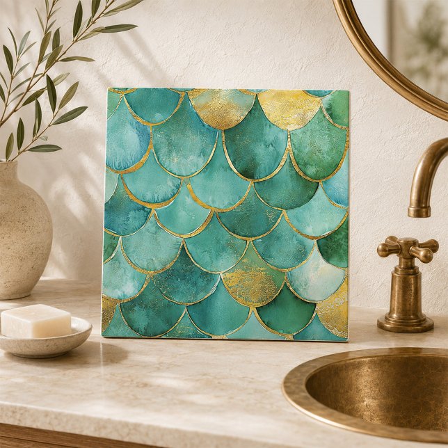 Escamas de Sereia Elegantes em Turquesa e Dourado  (Elegant Mermaid Scales in Teal and Gold Seamless Ceramic Tile)
