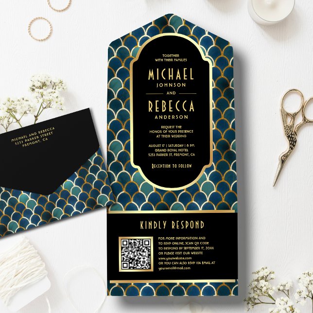 Escamas Douradas Azuis Retro Código QR Casamento A (Criador carregado)