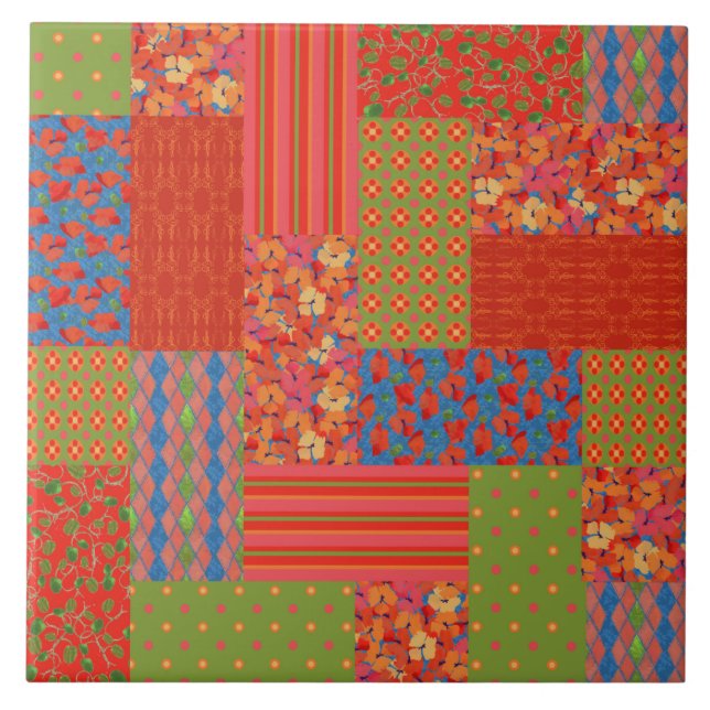 Escarlate Poppies Padrões Nostalgia Faux Patchwork (Frente)