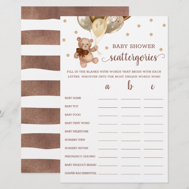 Escattergórios Chá de fraldas de jogo Urso de Tedd (Frente/Verso)