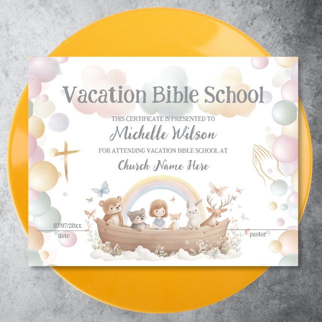 Escola de Bíblias de Férias com Certificado VBS (noah's arc children illustration in pastel colors)