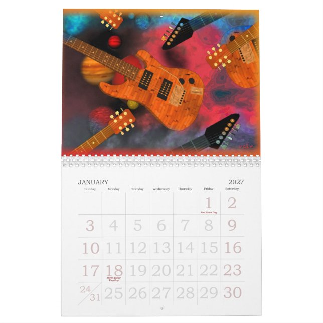 Escolha este calendário de ValxArt da guitarra (Jan 2027)