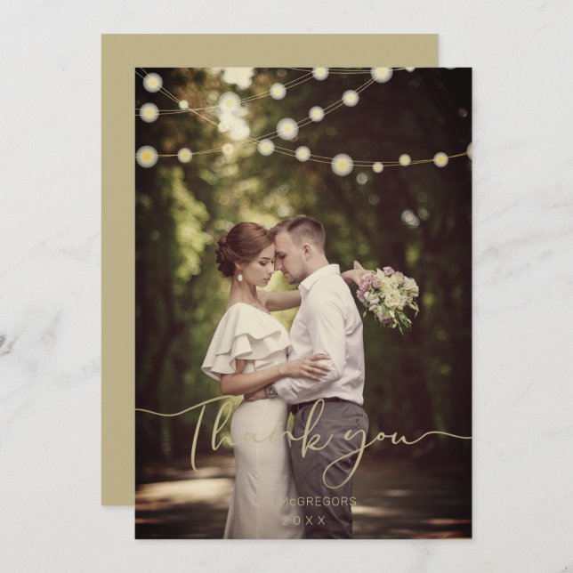 Escrita Whimsical Dourada de Casamento Luz Festiva (Frente/Verso)