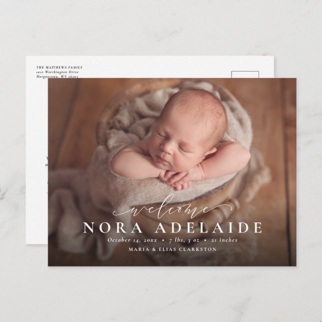 Escrito elegante bem-vindo anúncio de nascimento s (Frente/Verso)