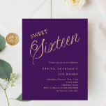 Escrito em ouro roxo elegante Sweet 16 convite<br><div class="desc">Um 16 convite moderno. Um fundo roxo e a palavra dezesseis escrita com letras grandes. Personalize e adicione um nome e detalhes da parte. 1 folha = 1 convite impresso de borda a borda.</div>