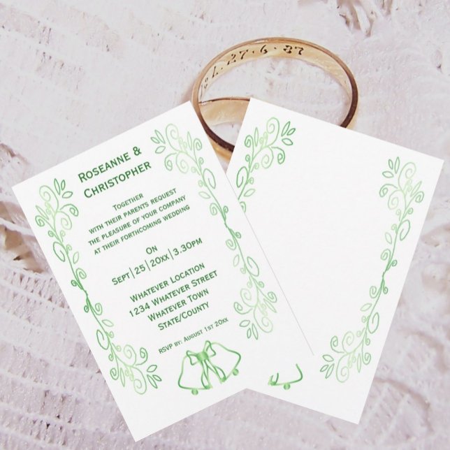 Escritura de Rolagem de Cartazes de Convite Verde  (Emerald green wedding invitation bells and scrollwork design)