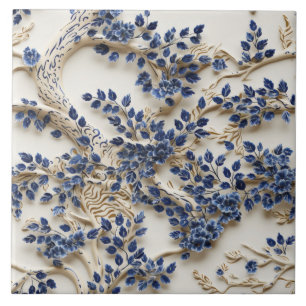 Escultura de Árvore Azul e Branco, Flores Azuis