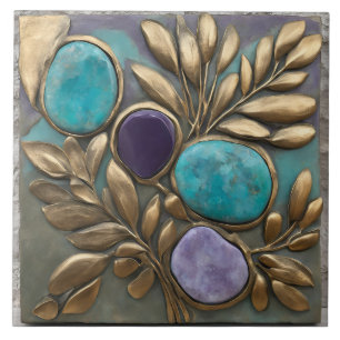 Escultura Floral em Turquesa, Dourado e Roxo