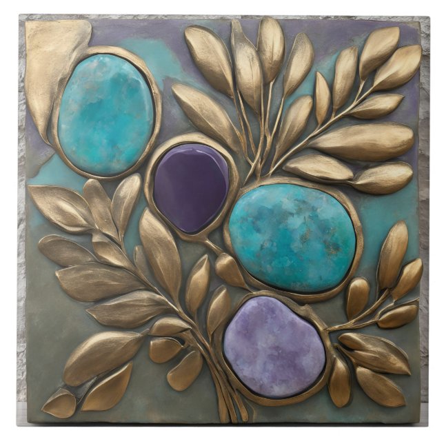 Escultura Floral em Turquesa, Dourado e Roxo (Frente)