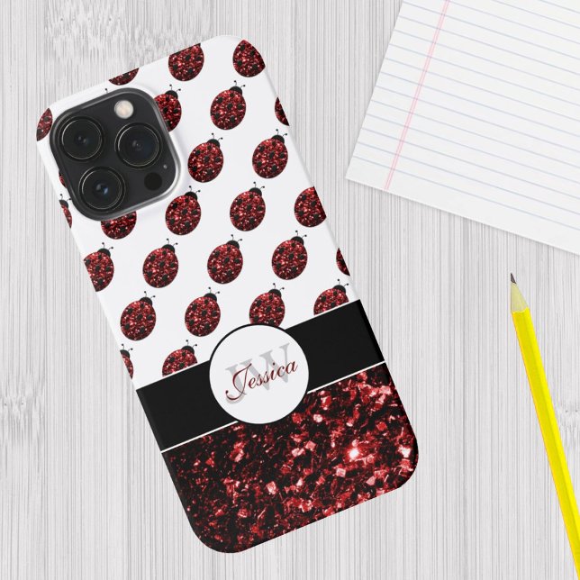 Escuridão da joaninha vermelha escura brilha monog (Sparkle up and protect your phone with trendy faux sparkles phone case.)