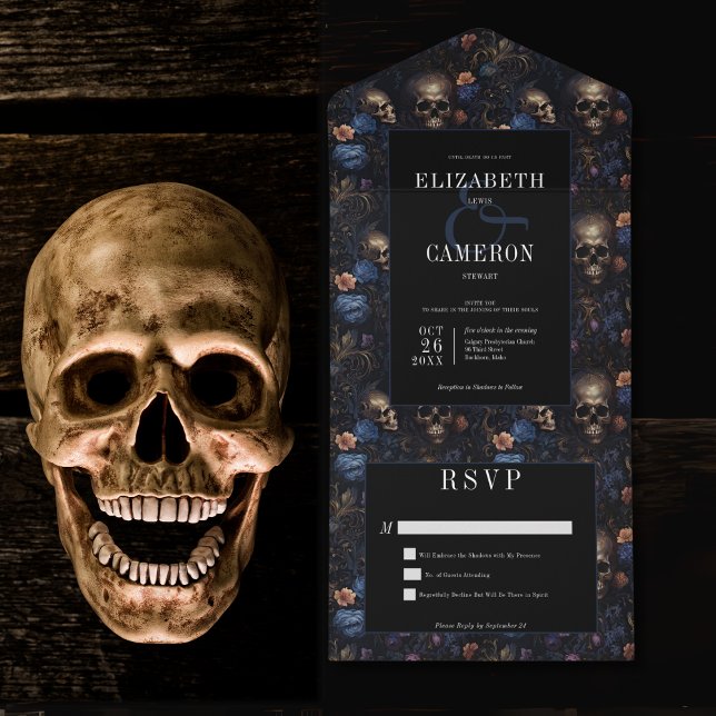 Escuro Vintage Blue Floral & Skulls Sem Janto (Dark Gothic Vintage Blue Floral & Skulls All In One Wedding Invitation without Dinner Options)