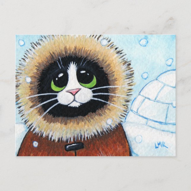 Eskimo Cat e Igloo | Cartão postal de Arte Animal (Frente)