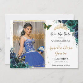 Esmeralda Azul Marinho Floral Quinceañera Convite 