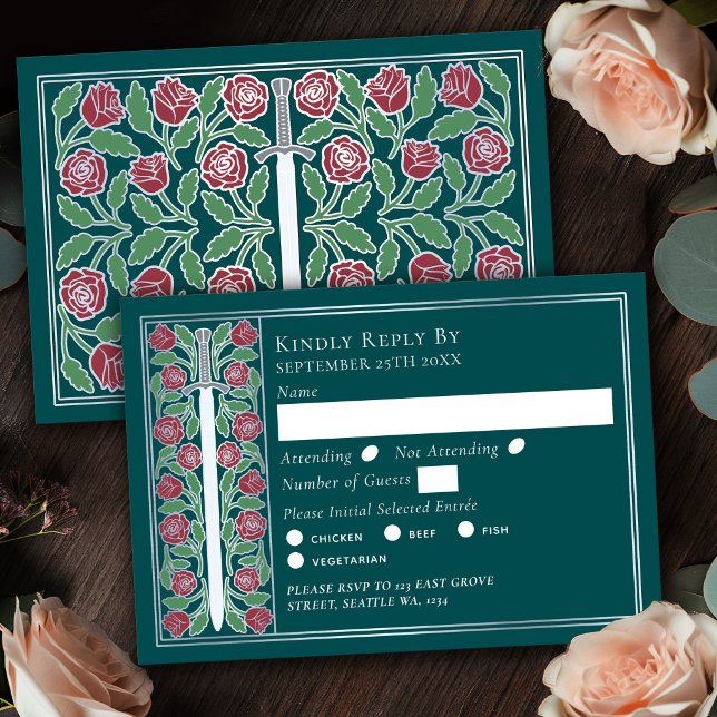 Espada Floral Medieval Teal Prata RSVP de Casament (Criador carregado)