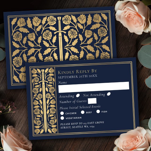 Espada Medieval Azul Dourado RSVP de Casamento (Criador carregado)