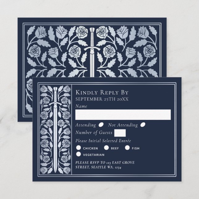Espada Medieval Azul Prata RSVP de Casamento (Frente/Verso)