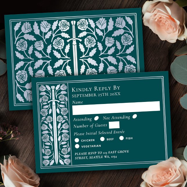 Espada Medieval Teal Prata RSVP de Casamento (Criador carregado)