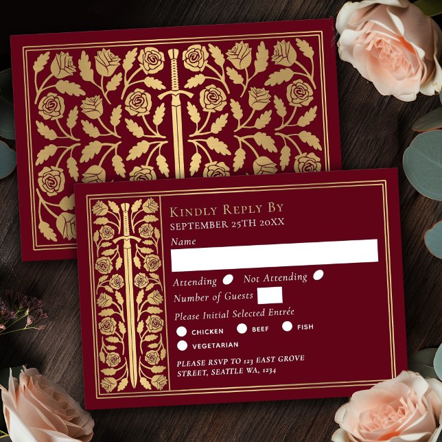 Espada Medieval Vermelha Dourada RSVP de Casamento (Criador carregado)