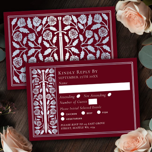 Espada Medieval Vermelha Prata RSVP de Casamento (Criador carregado)