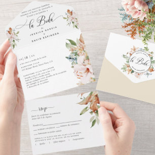 Espanhol Beige Earth Tones Floral Weding Tear RSVP