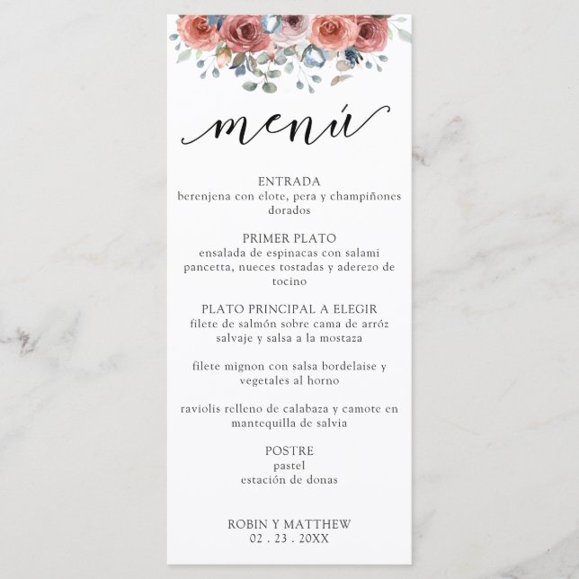 Espanhol, Menu de Casamento Floral Azul Dusty (Frente)