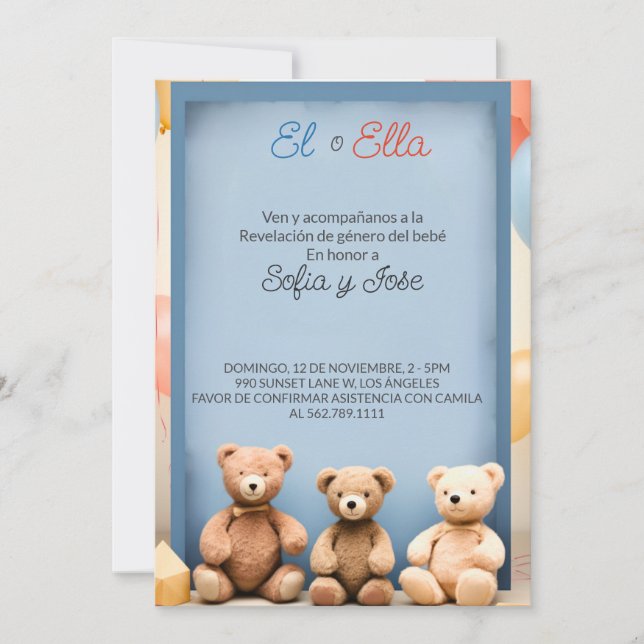 Espanhol Teddy Bear Tema Gênero Revise Convite (Frente)