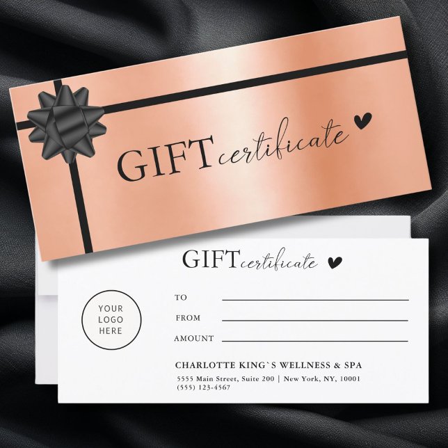 Específico do cliente, Certificado de oferta comer (Customer specific, Logo, Salon, Orange-Black, Ribbon, Business Gift Certificate.)