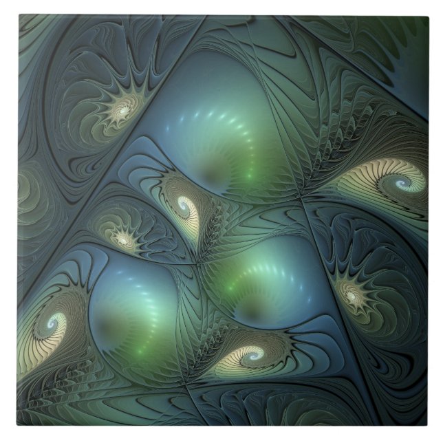 Espirais Teal Beige Verde Abstrato Fractal (Frente)