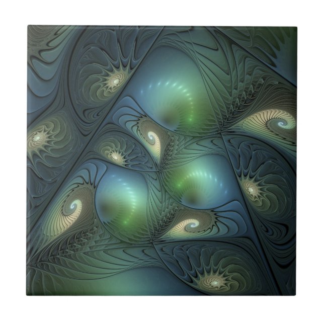 Espirais Teal Beige Verde Abstrato Fractal (Frente)