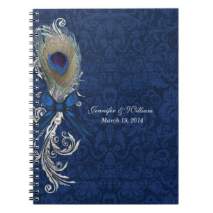 Espiral Caderno azul do casamento da pena do damasco e do