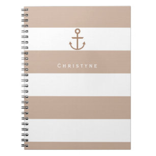 Espiral Caderno com Âncora Listrada Bege Marrom e Branco