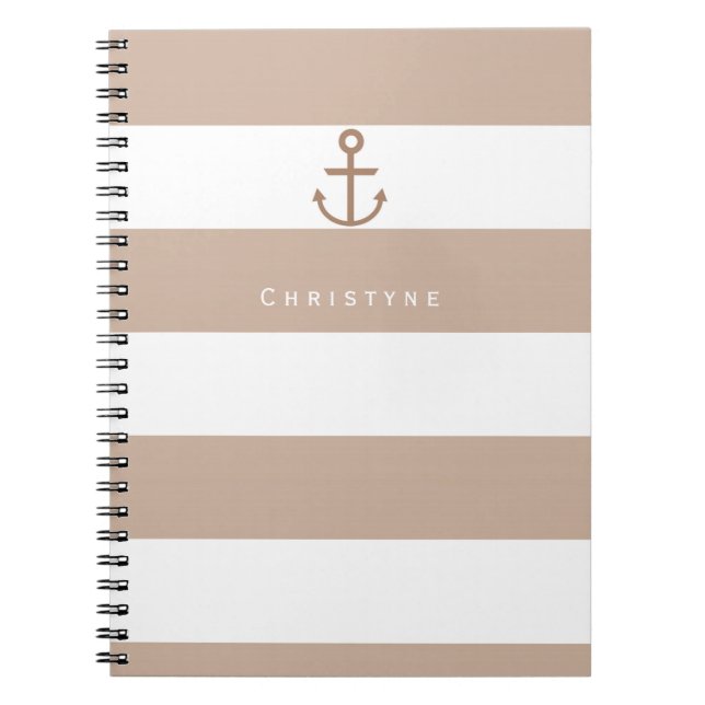 Espiral Caderno com Âncora Listrada Marrom, Bege e Branco (Frente)
