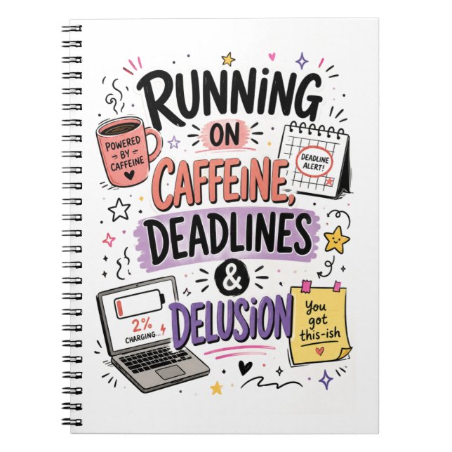 Espiral Caderno Correndo com Cafeína, Prazos e Ilusão (Frente)