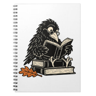Espiral Caderno Corvo Aconchegante Lendo em Pilha de Livro