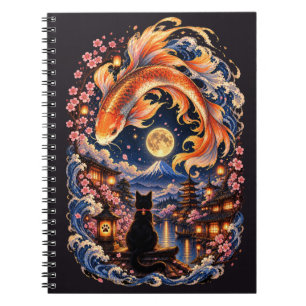 Espiral Caderno da Lua do Gato Japonês & Peixe Koi