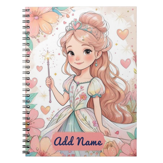 Espiral Caderno da Princesa Floral – Nome Editável (Frente)
