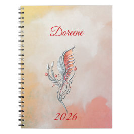 Espiral Caderno de água-forte floral de pena elegante