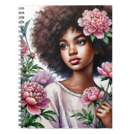 Espiral Caderno de Aquarela de Menina Afro com Peônias