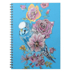 Espiral Caderno de aves aquarela rosa Budgie azul