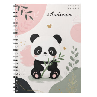Espiral Caderno de Bambu Pink Sage com Nome de Panda Fofo