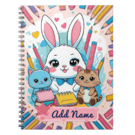 Espiral Caderno de Coelhos & Gatos Fofos – Nome Editável