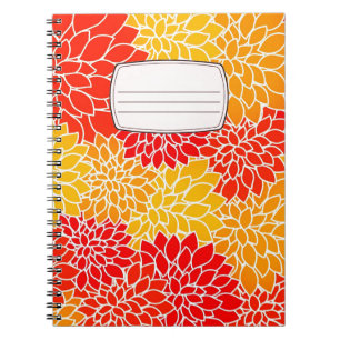 Espiral caderno de composição de dálias laranja e vermelha