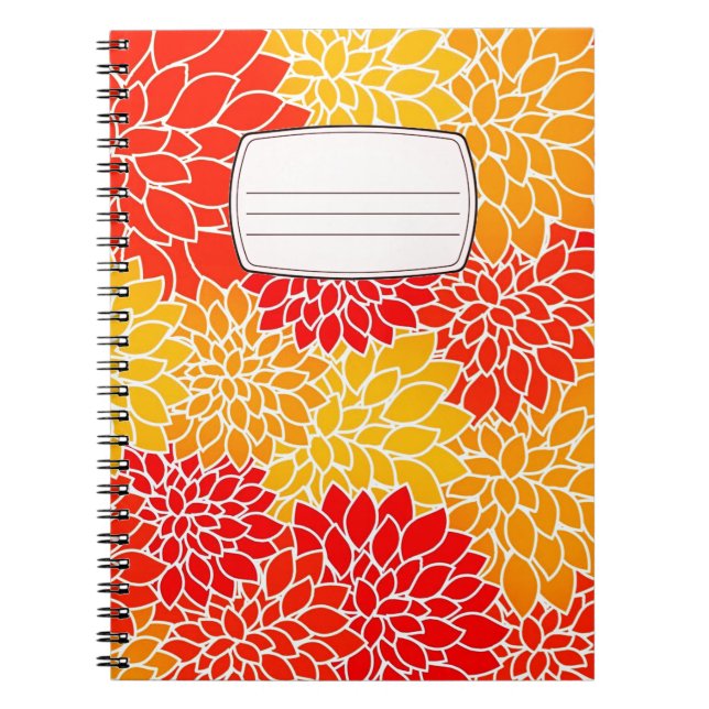 Espiral caderno de composição de dálias laranja e vermelha (Frente)
