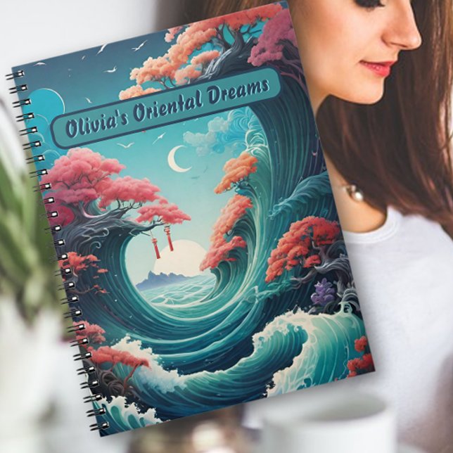 Espiral Caderno de Flores de Cerejeira Ondas Turquesa Orie (Criador carregado)