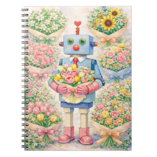 Espiral Caderno de Flores de Robô Fofo