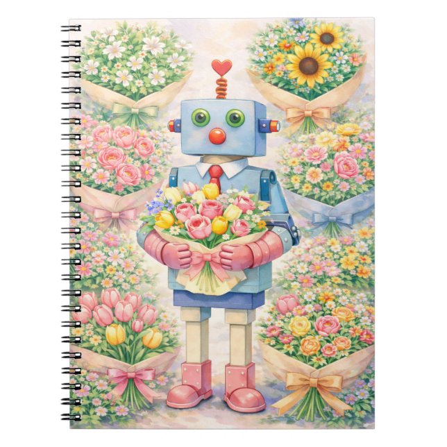 Espiral Caderno de Flores de Robô Fofo (Frente)