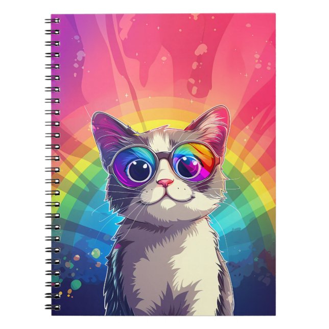 Espiral Caderno de Gato Cinza e Branco Usando Óculos de So (Frente)